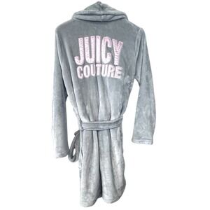 Juicy Couture Ultra Plush Robe Gray Pink Logo Embroidered Sleepwear S M